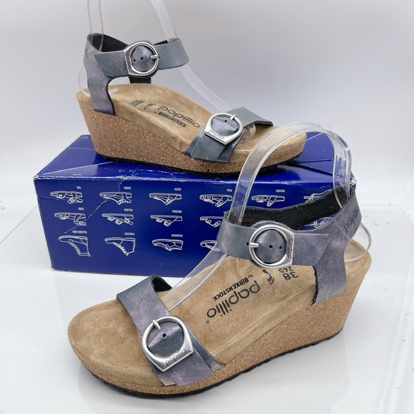 Birkenstock Papillio Soley Ring Buckle Sandal Metallic Black Wedge EU 38 - Picture 3 of 12